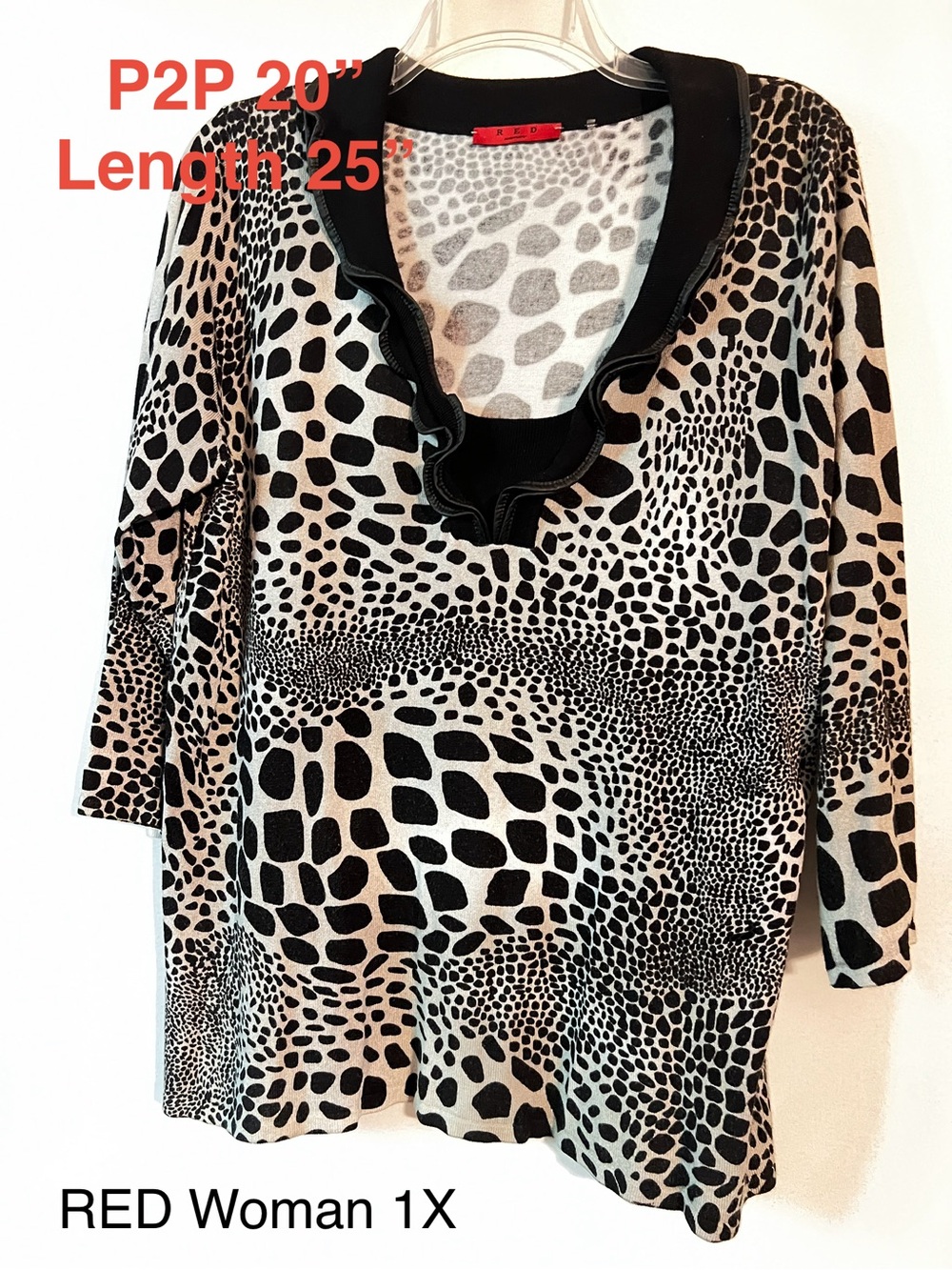 RED Woman Plus Size Animal Print Ruffle Neck Tunic - Black & Cream 1X